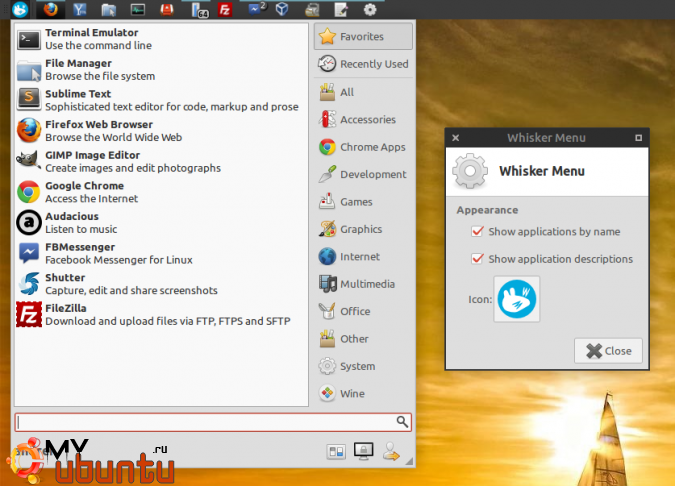 Whisker Menu: быстрый лаунчер приложений с функцией поиска для Xfce