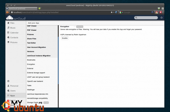 Шифрование файлов в owncloud 4.0